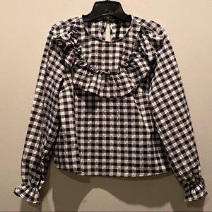 2/$20 Divided H&M Black & White Checked Gingham Plaid Ruffled Top Medium M